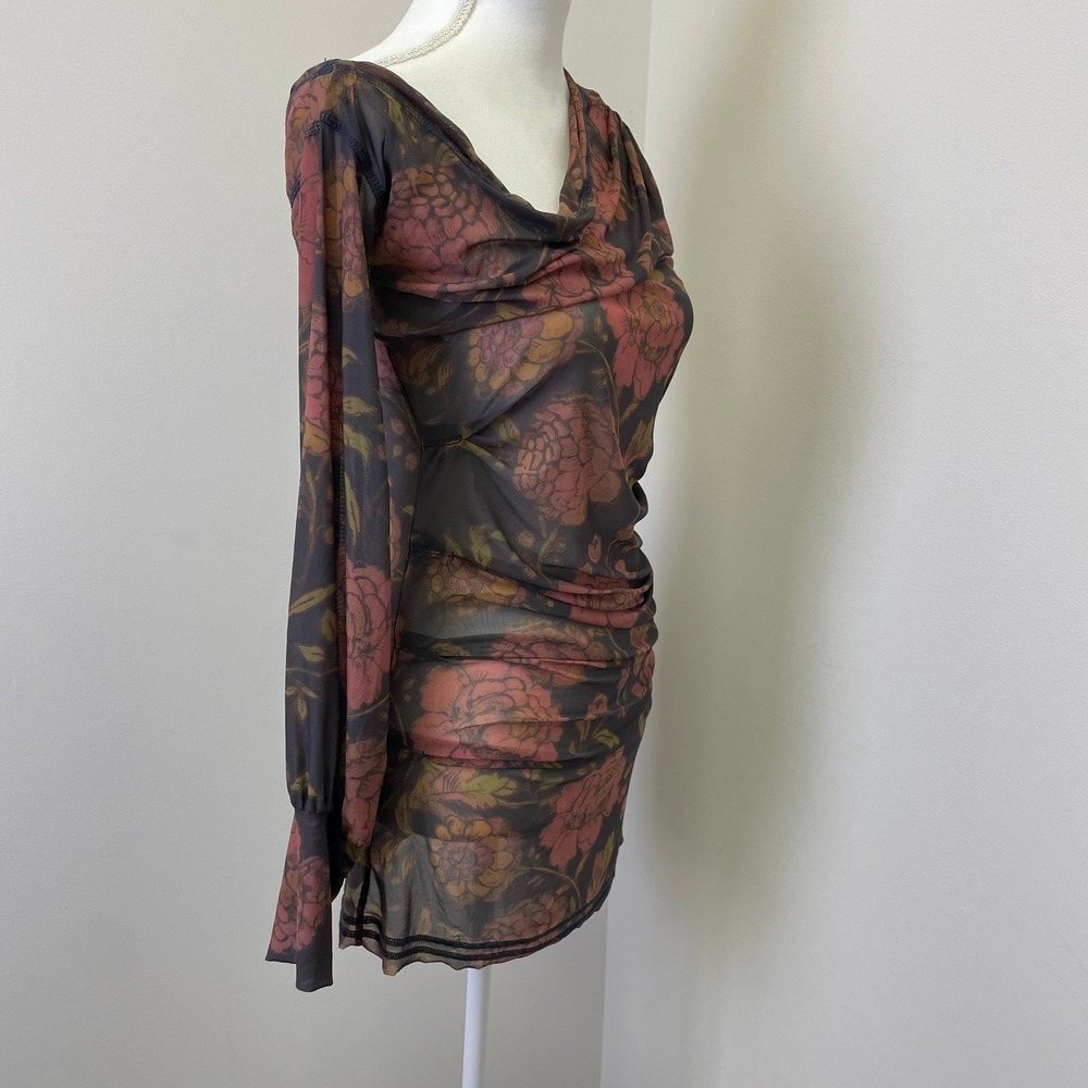 Free People Floral Mesh Ruched Off Shoulder Long Sleeve Tunic Top Medium - Picture 5 of 16